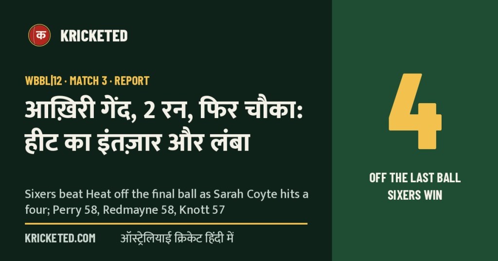 Kricketed: आख़िरी गेंद, 2 रन, फिर चौका: हीट का इंतज़ार और लंबा — Sixers beat Heat off the final ball as Sarah Coyte hits a four